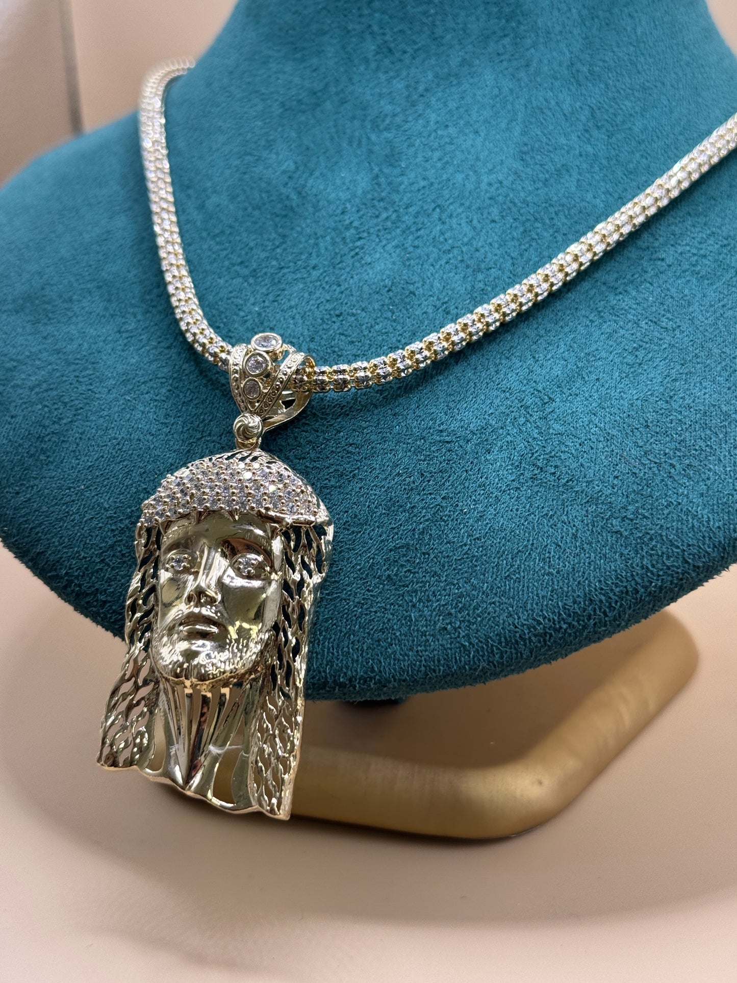 14K Gold Diamond Cut Ice Chain 24” with Jesus Face Pendant – Heavy 44g Real Gold Chain, Statement Jewelry