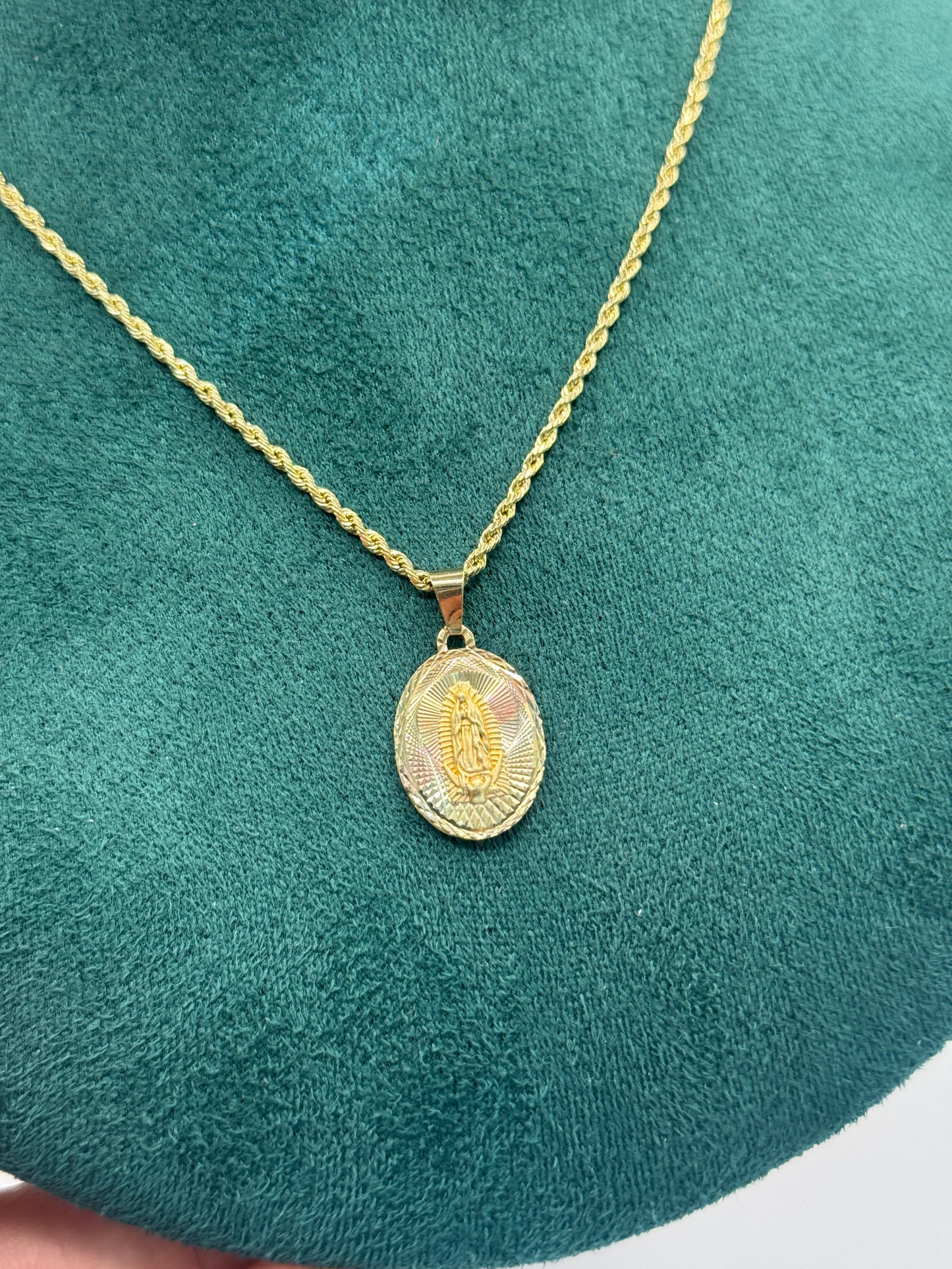 14K Gold Rope Chain – 16” with Virgin Mary Pendant