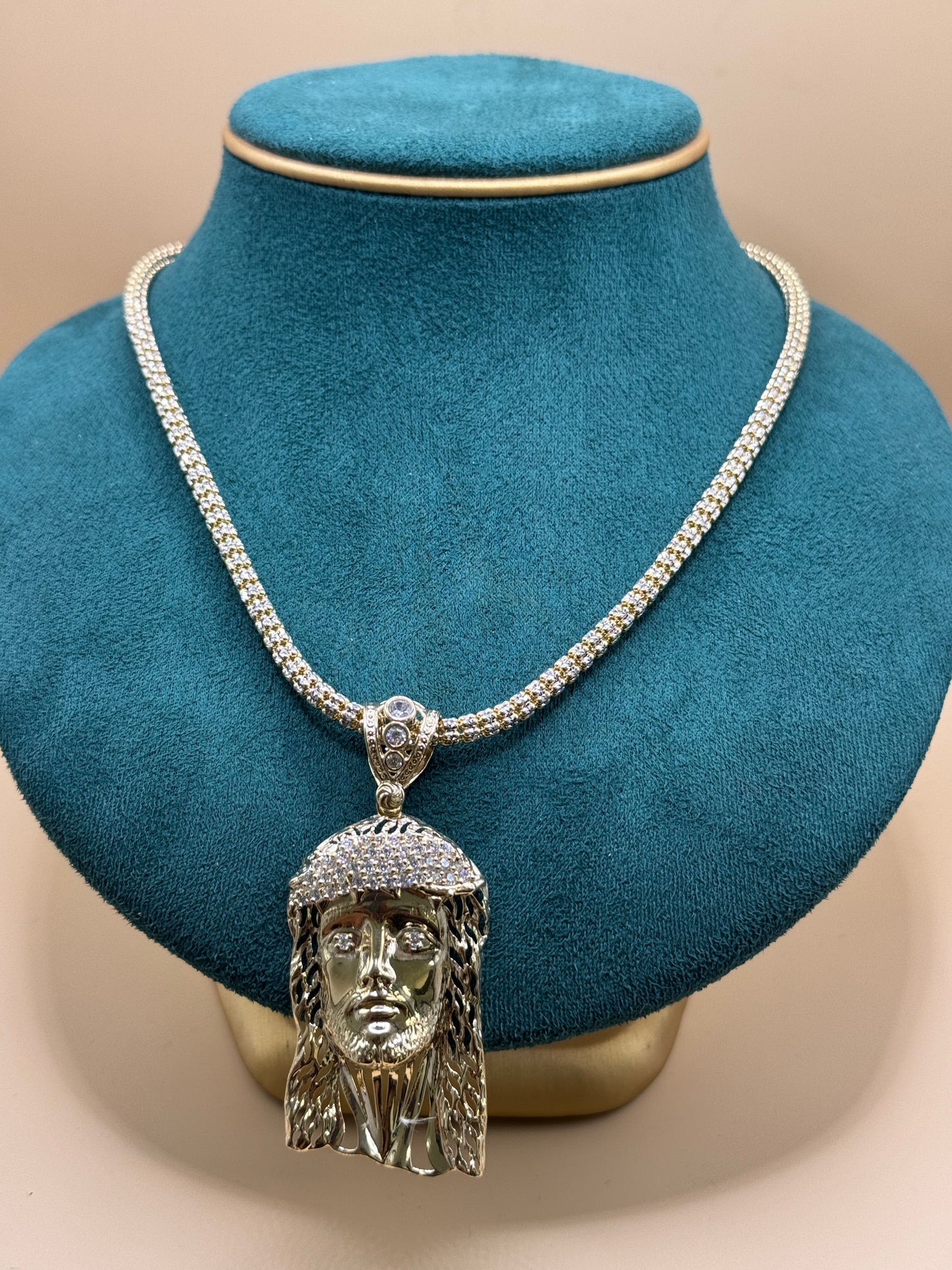 14K Gold Diamond Cut Ice Chain 24” with Jesus Face Pendant – Heavy 44g Real Gold Chain, Statement Jewelry
