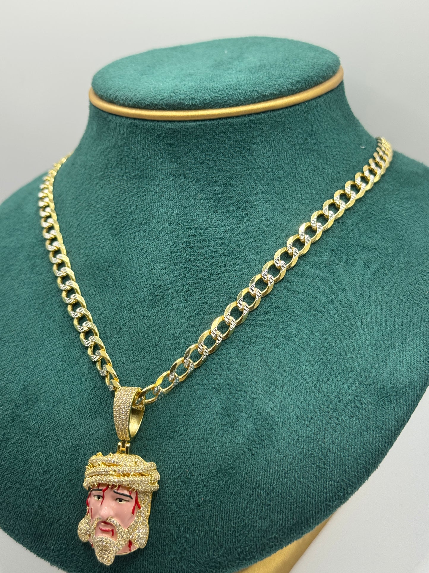 925 silver gold plated curb link chain 24” with Jesus pendant