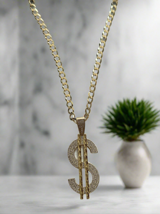 14K Gold Curb Link Chain with Dollar Sign Pendant –For men