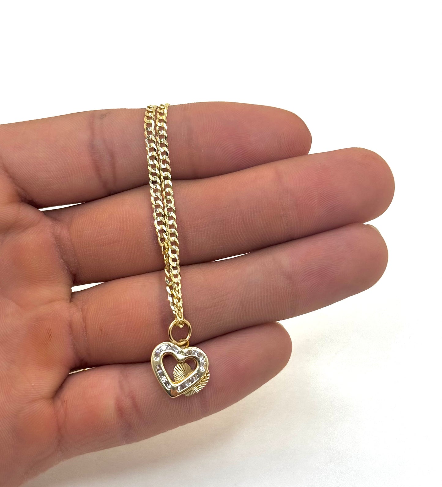 14K Gold Curb Link Necklace – Double Heart Elegance