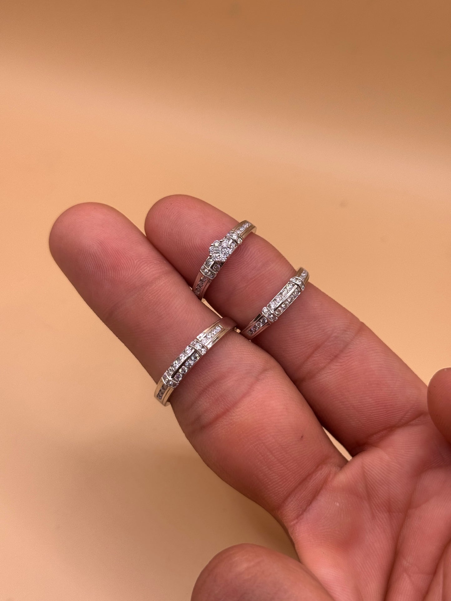 White Gold Engagement Ring Trio Set CZ, His and Hers Wedding Rings Size 10 and 7, Matching Bridal Set, Cubic Zirconia Rings