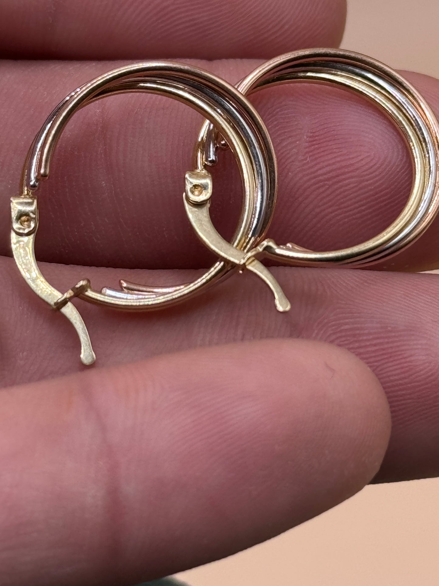 14K Tri Tone Gold Hoop Earrings – White Yellow Rose Gold Hoops, Dainty Everyday Earrings for Women