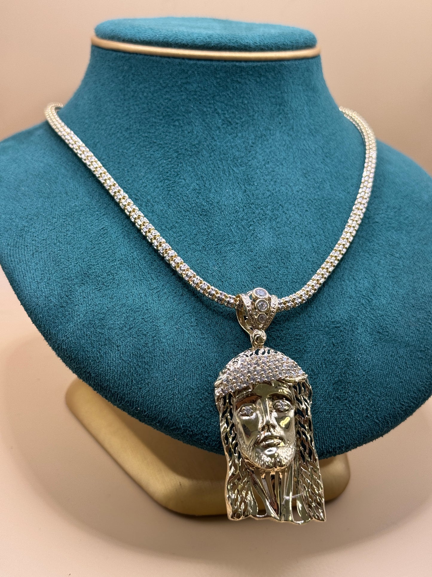14K Gold Diamond Cut Ice Chain 24” with Jesus Face Pendant – Heavy 44g Real Gold Chain, Statement Jewelry