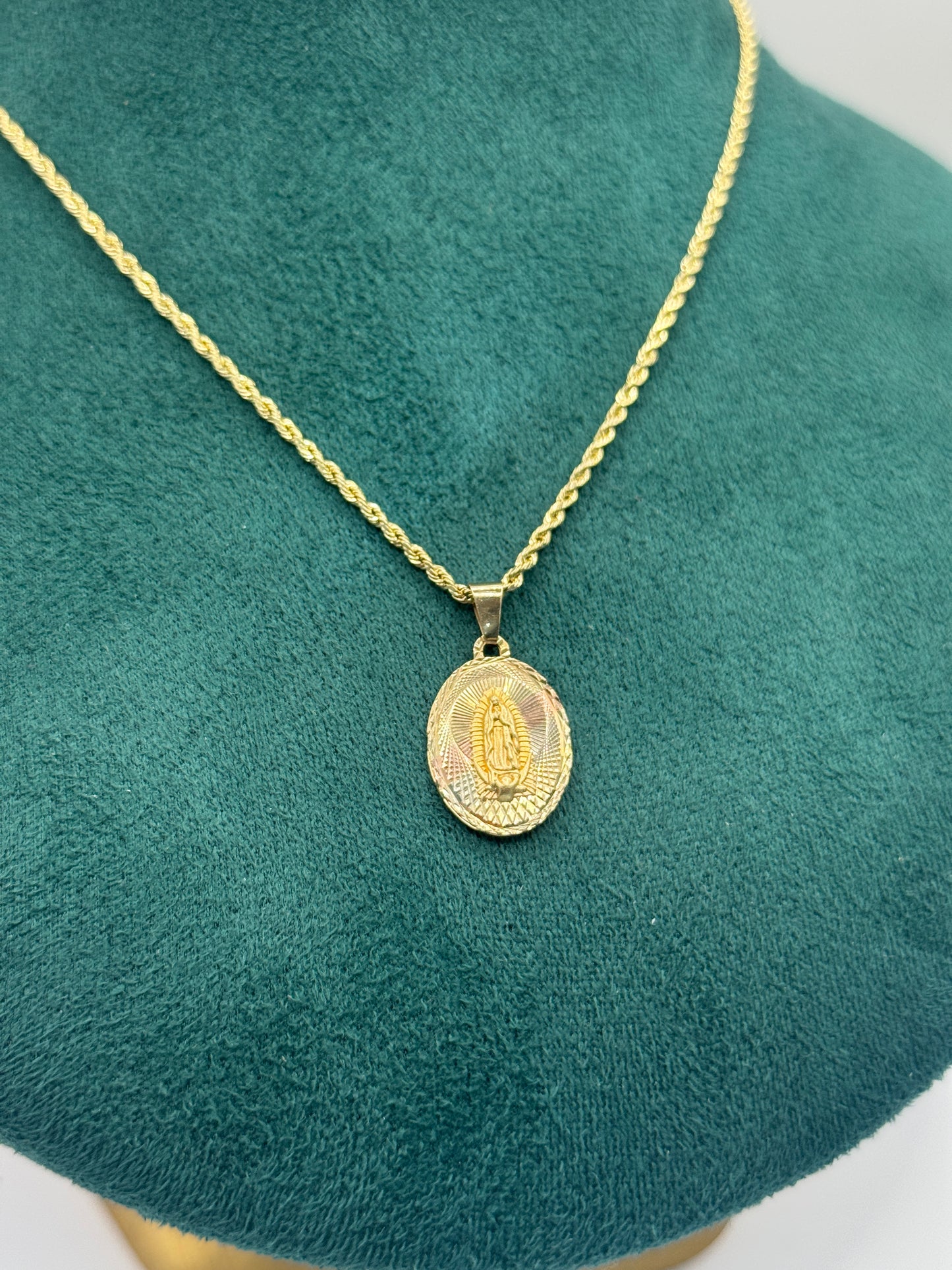 14K Gold Rope Chain – 16” with Virgin Mary Pendant