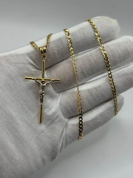 14K Gold Curb Link Necklace with Jesus Crucifix Pendant – 22” (3.3mm) for men