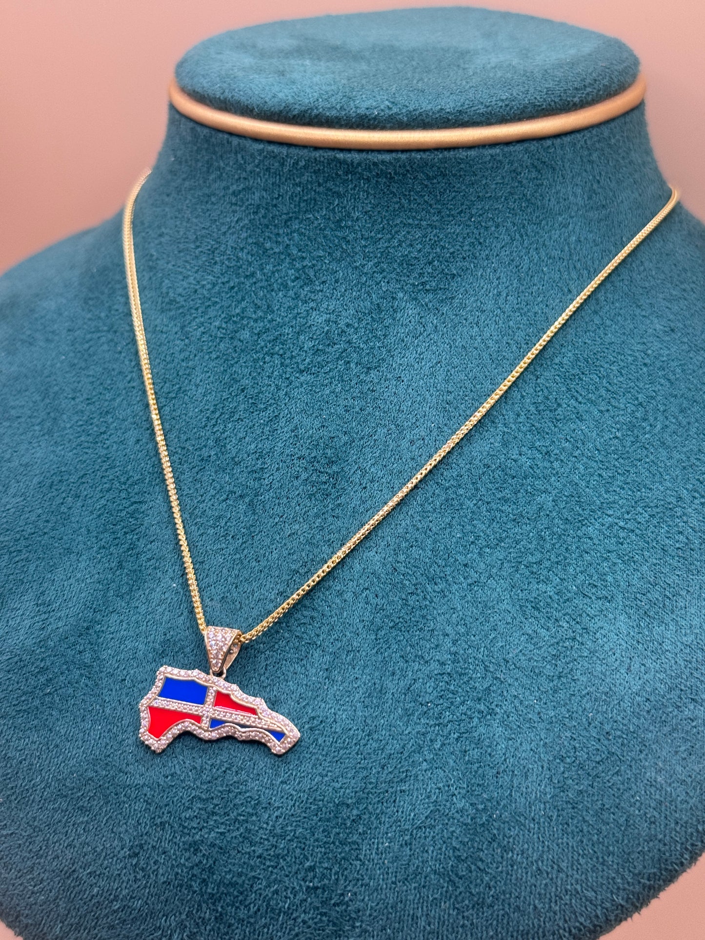 NEW 14K Gold CZ RD Map Pendant with Hollow Franco Chain – 16”