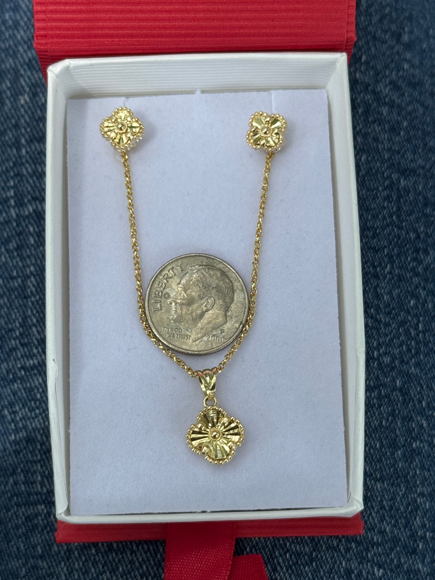 14k gold clover necklace, and earrings combo bundle