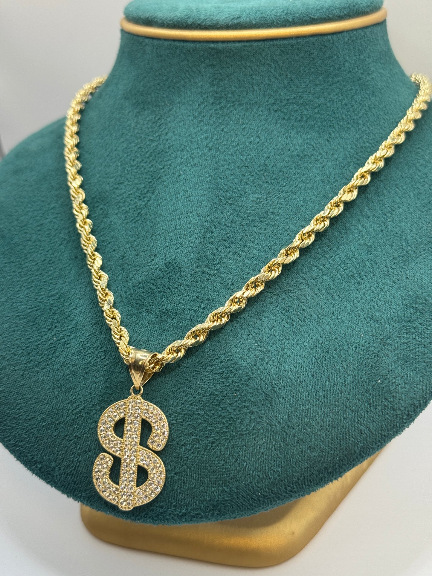 14K Gold Rope Chain Necklace with Money Sign Pendant – Men’s Luxury