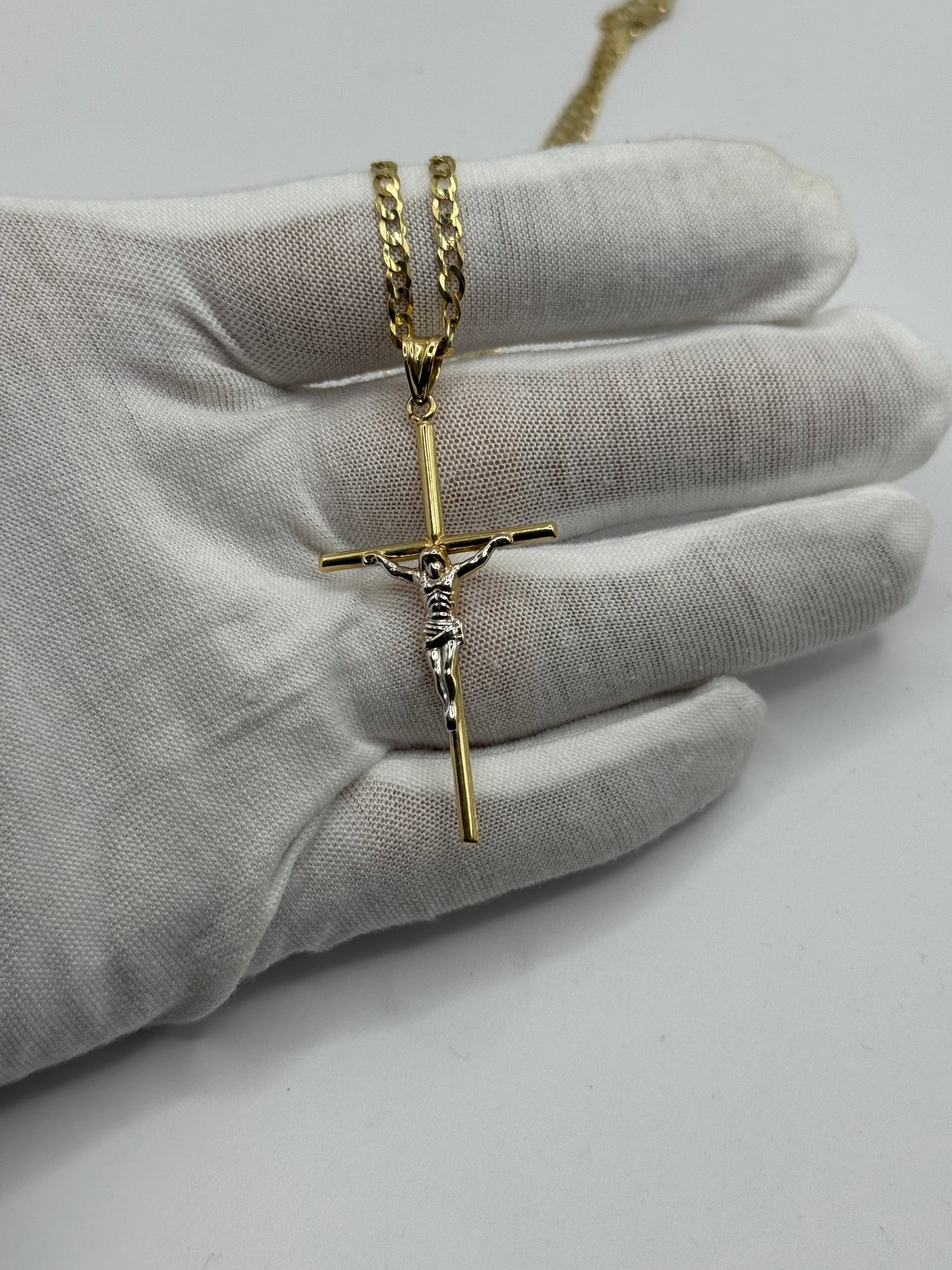 14K Gold Curb Link Necklace with Jesus Crucifix Pendant – 22” (3.3mm) for men