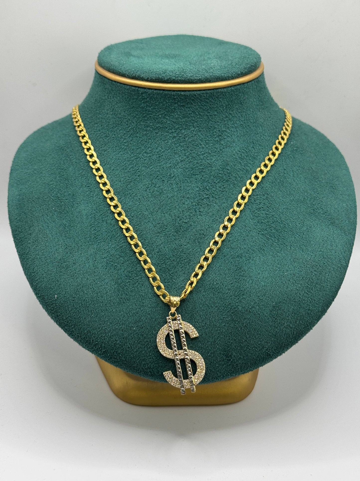 14K Gold Curb Link Necklace with Dollar Sign Pendant – 22” (5mm)