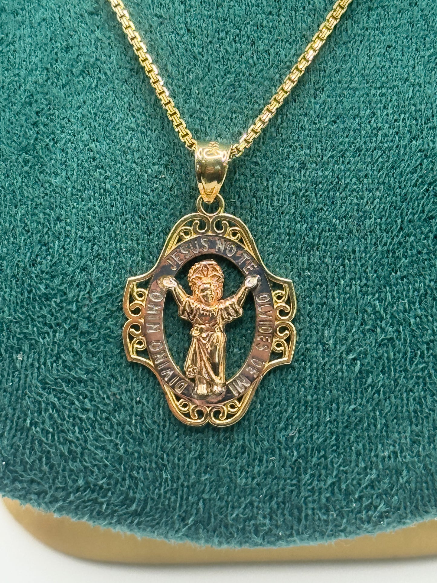 14K Gold Box Chain Necklace with Divine Child Jesus Pendant – 24 Inches | Unisex