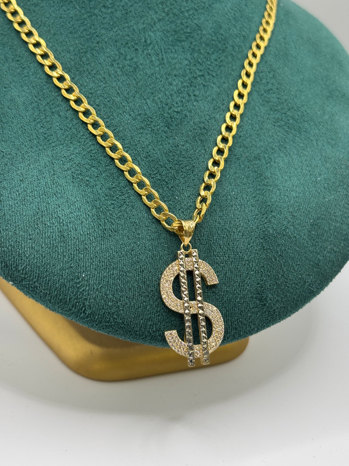 14K Gold Curb Link Necklace with Dollar Sign Pendant – 22” (5mm)