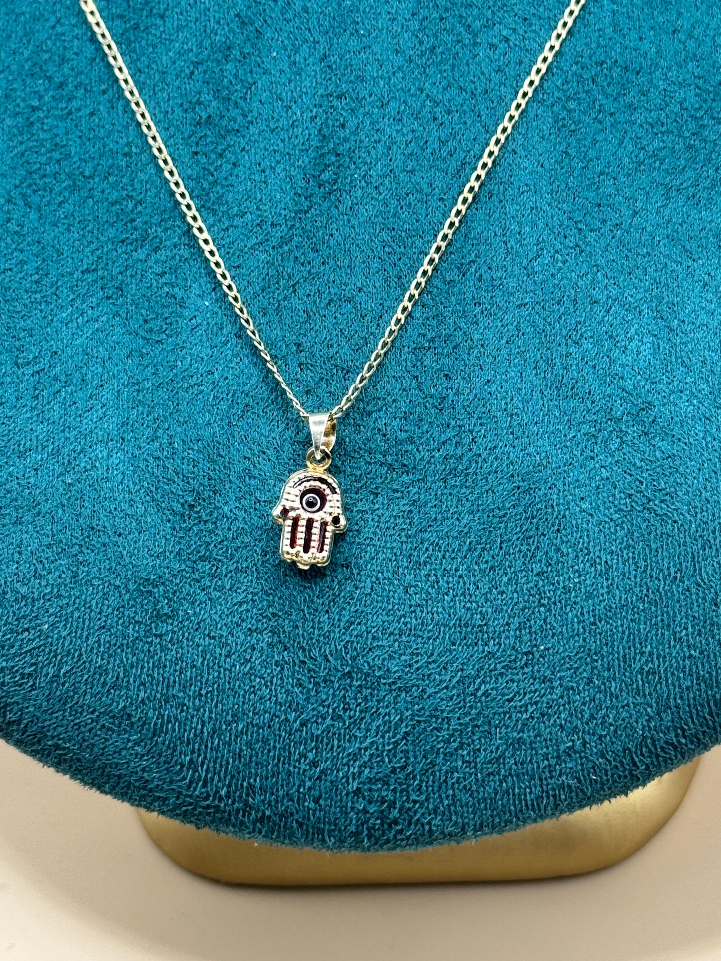 14K Gold Curb Link Necklace – 18” with Red Evil Eye Hamsa Pendant for women