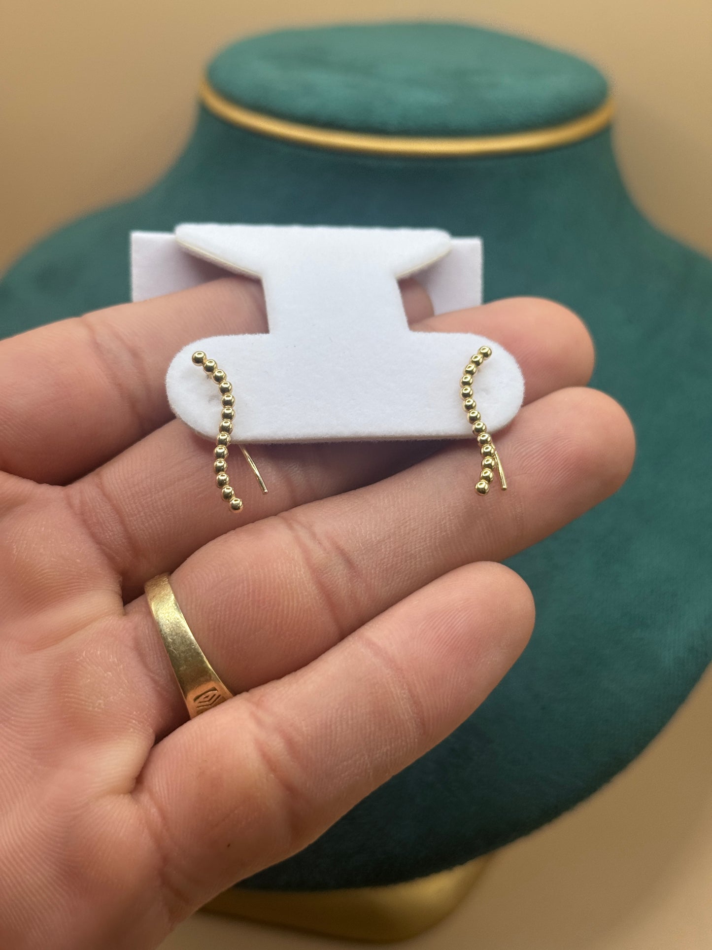 14K Gold Beaded Ear Climbers – Minimalist Gold Ear Crawler Earrings for Women, Dainty Jewelry