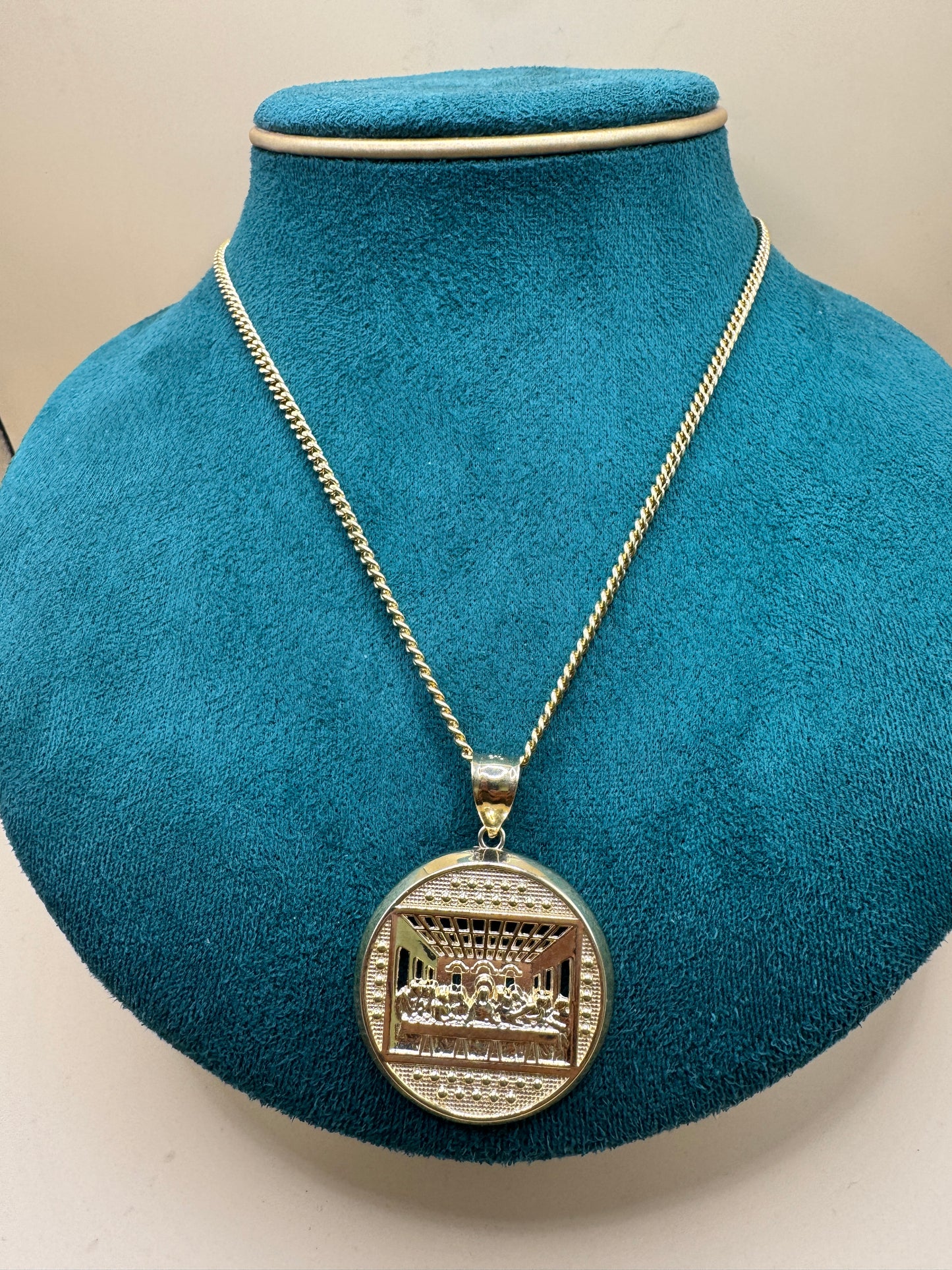 14K Gold Miami Cuban Link Chain 22” with Last Supper Pendant – Real Gold Necklace 10–13g, Religious Jewelry for Men