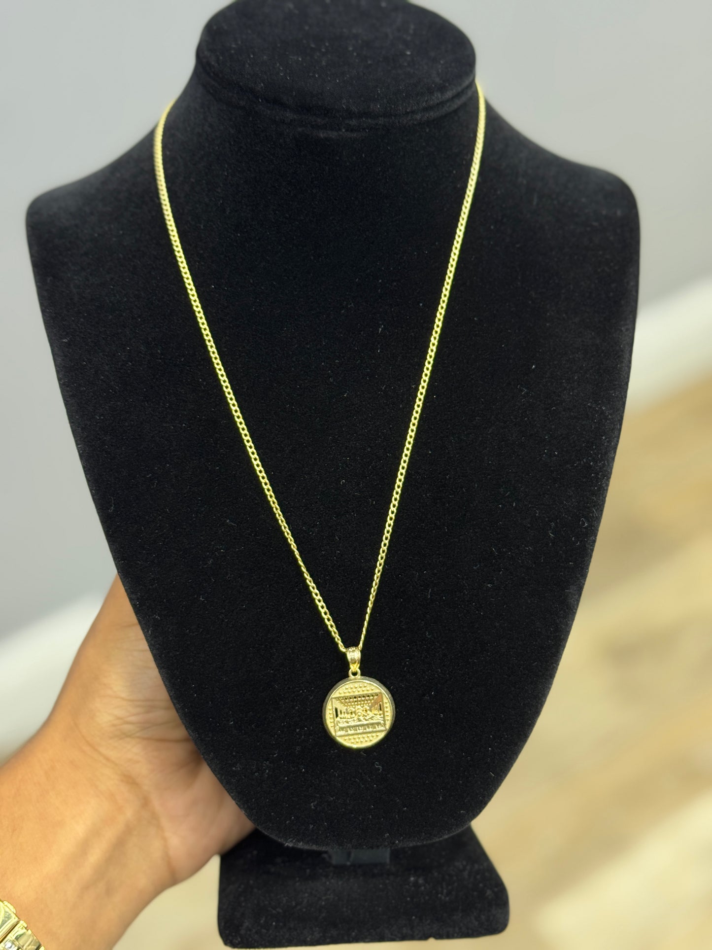 14K Gold Curb Link Chain with Last Supper Pendant