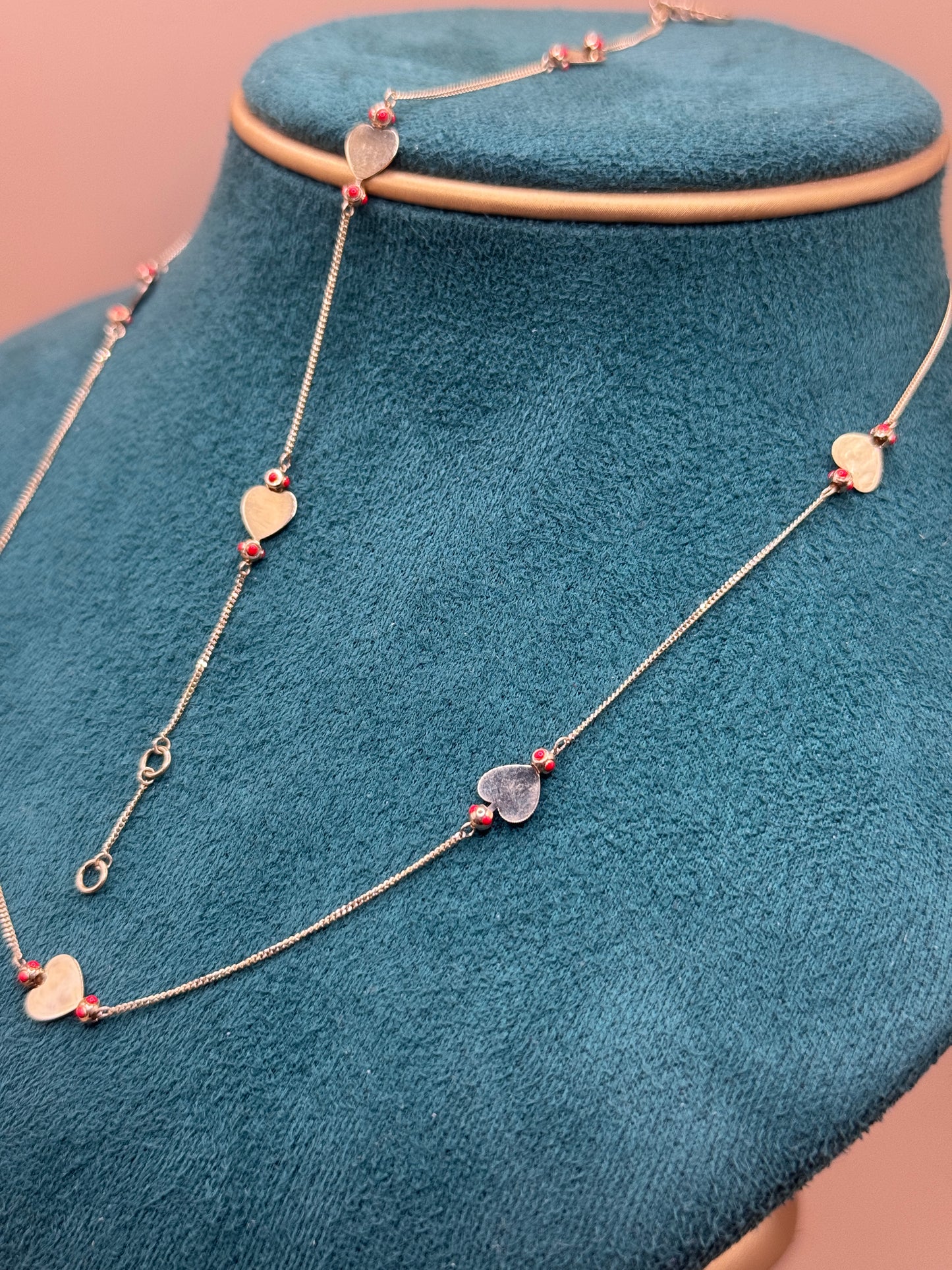 14K Gold Heart Charm Jewelry Set – Adjustable 17” Necklace & 7” Bracelet with Red Accents, Gift for Her