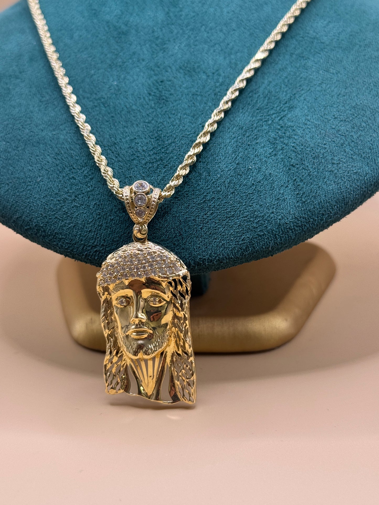 14K Gold Rope Chain 22” with Jesus Face Pendant – Real Gold Necklace 13–16g, Religious Jewelry for Men & Women