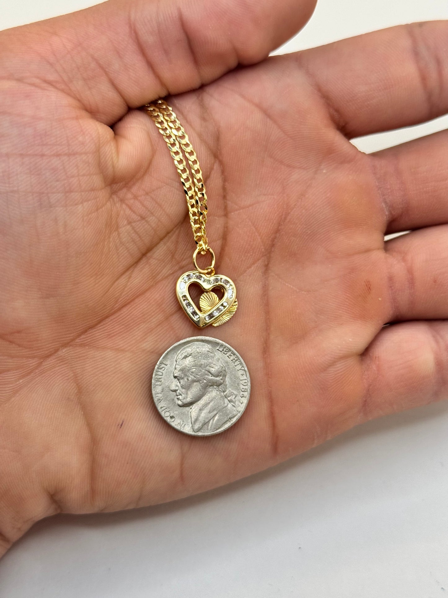 14K Gold Curb Link Necklace – Double Heart Elegance