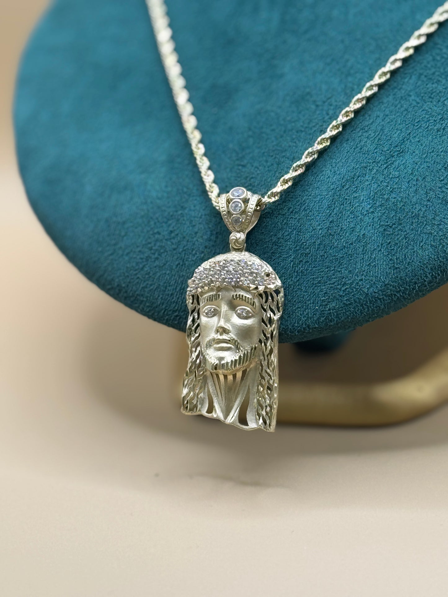 14K Gold Rope Chain 22” with Jesus Face Pendant – Real Gold Necklace 13–16g, Religious Jewelry for Men & Women matte gold