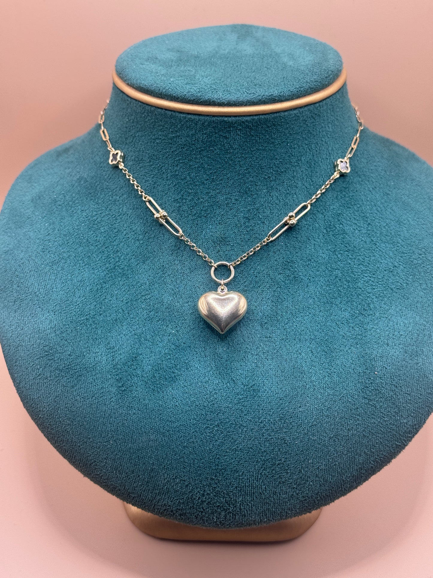 14K Gold Paperclip Charm Necklace 16” – Puff Heart Pendant with Clover Charms, Dainty Gold Necklace for Women