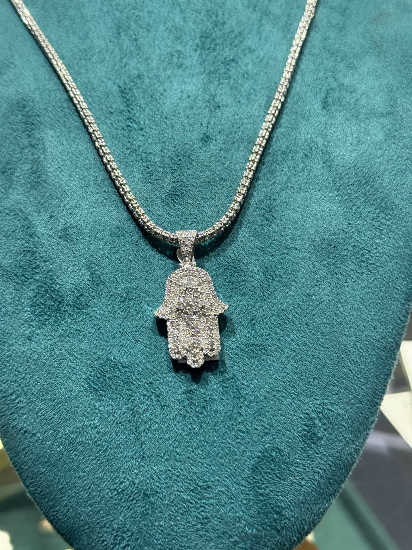 14K White Gold Ice Chain – 24” with Natural Diamond Hamsa Pendant (3mm Chain)