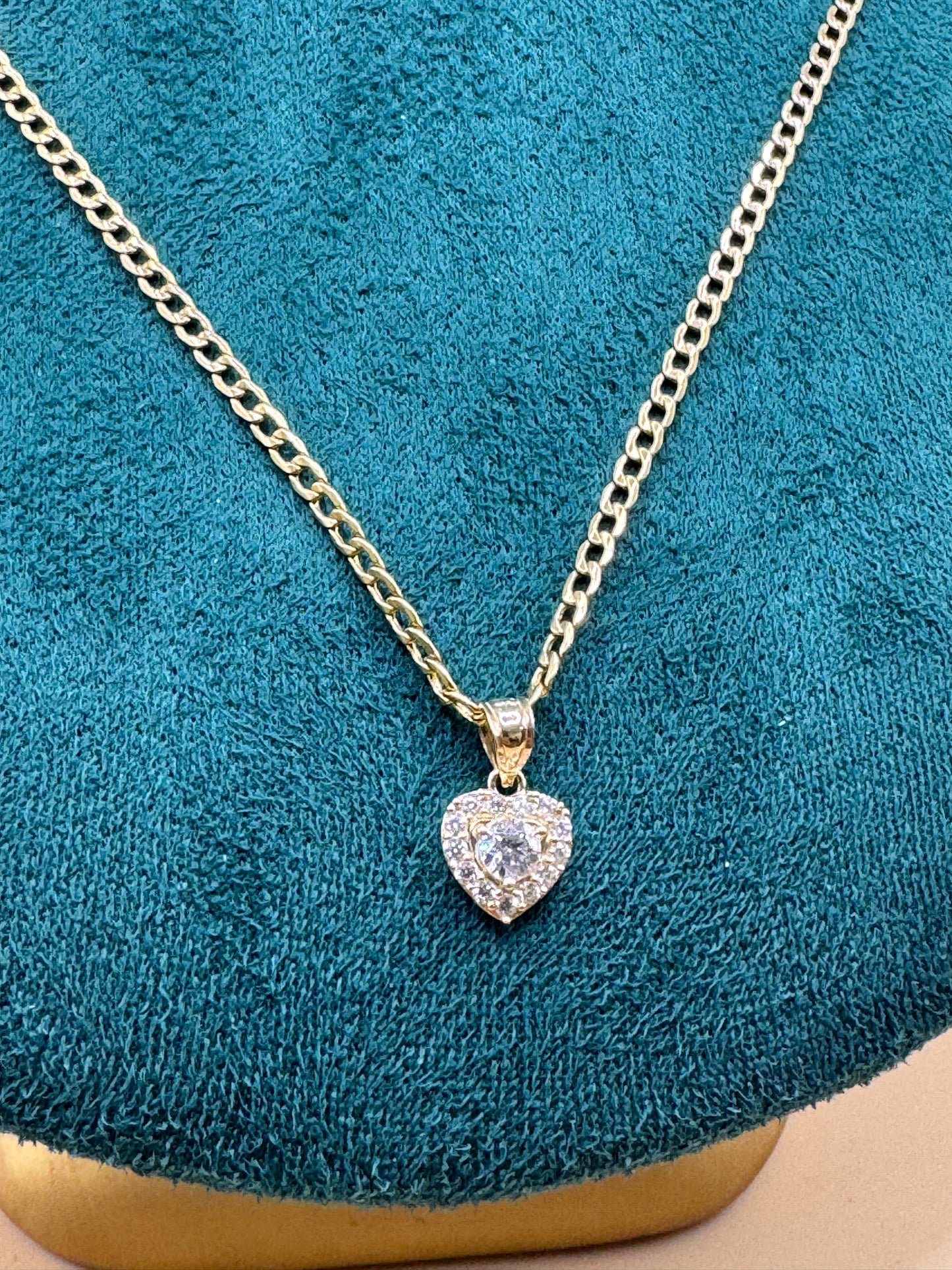 14K Gold Curb Link Chain – 20” with CZ Heart Pendant for her