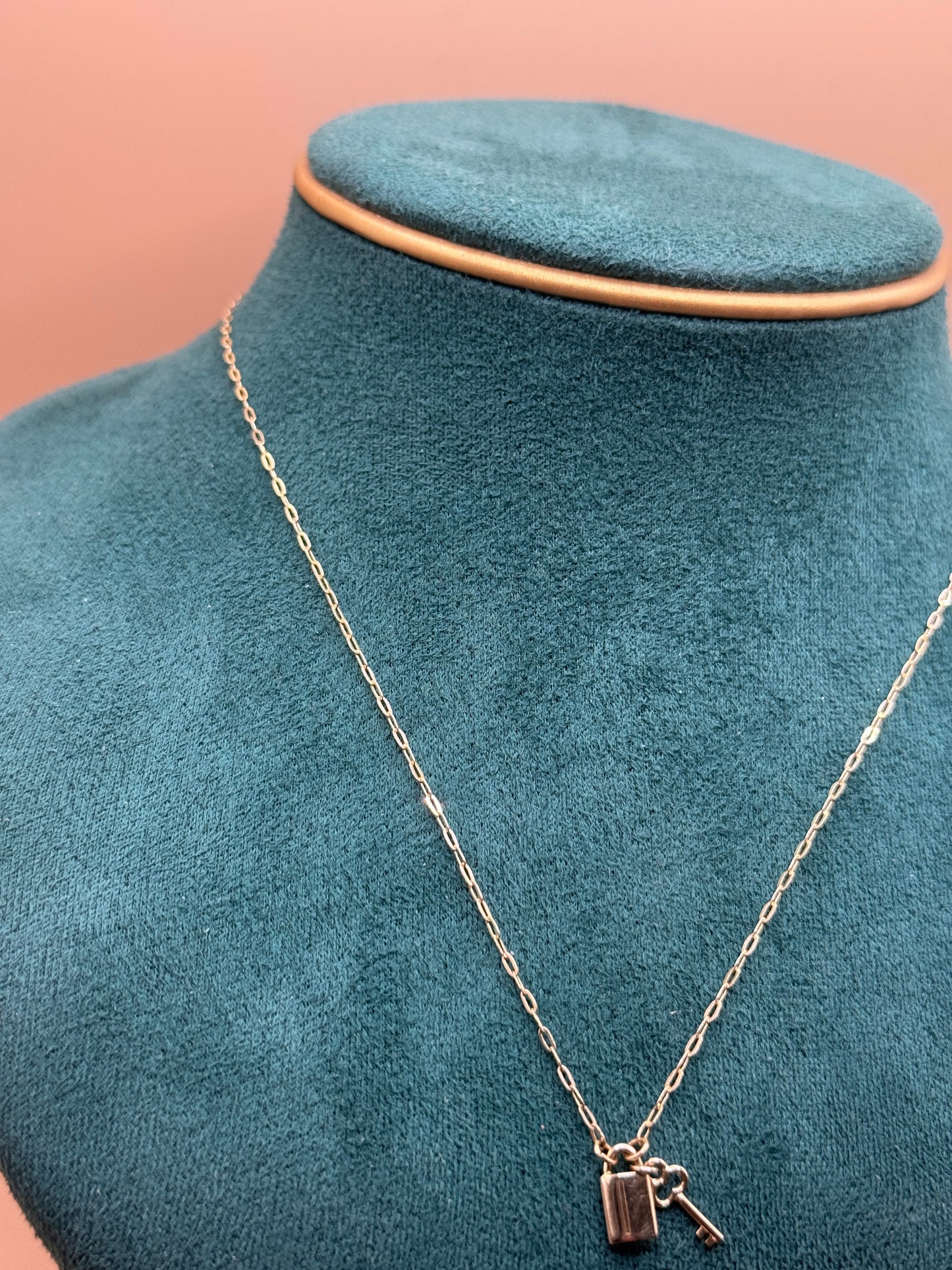 14K Gold Paperclip Charm Necklace – 16” Adjustable with Lock Pendant (Women)