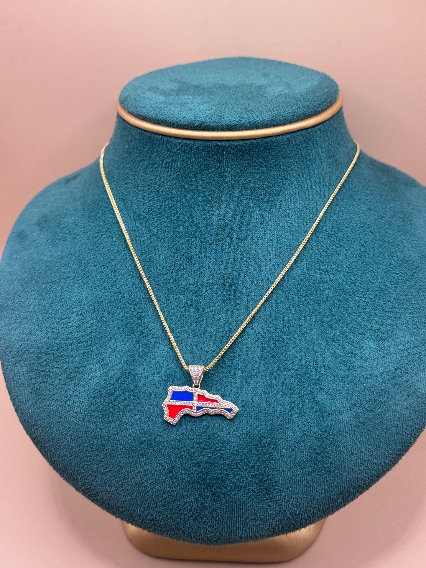 NEW 14K Gold CZ RD Map Pendant with Hollow Franco Chain – 16”