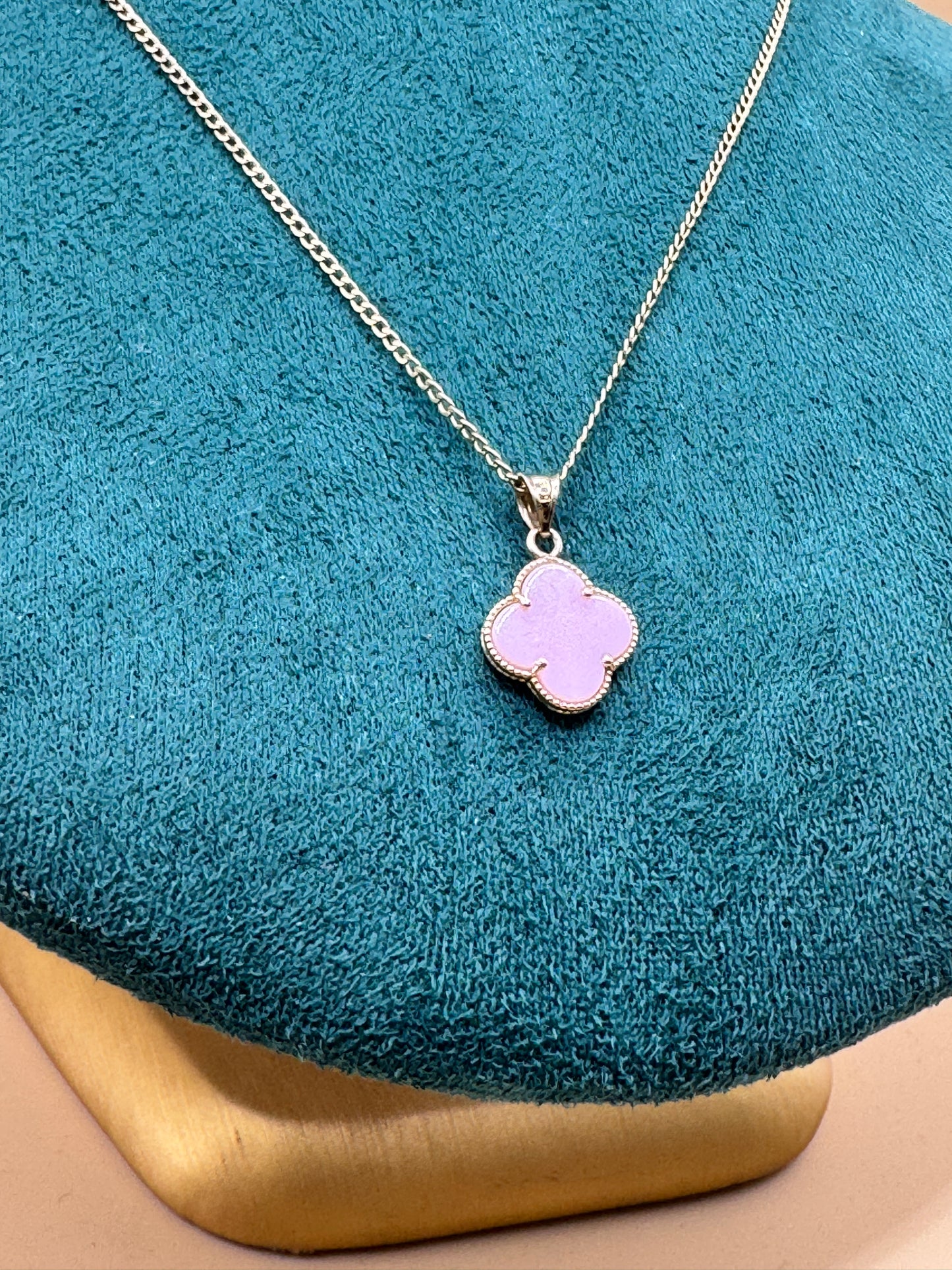 14K Gold Curb Link Necklace for women with pink Clover Pendant – 16”
