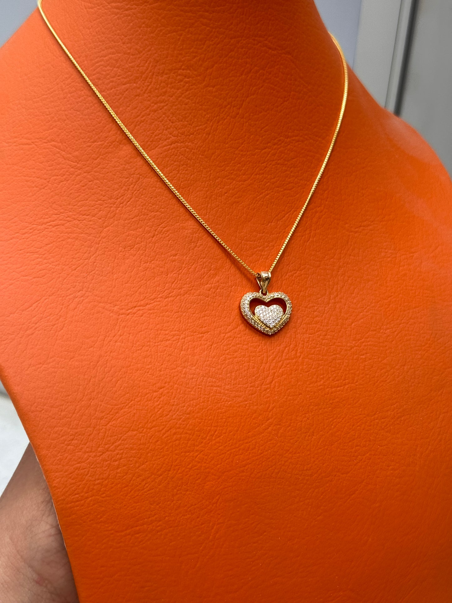 14K Gold CZ RD heart CZ Pendant with Hollow Franco Chain – 16”