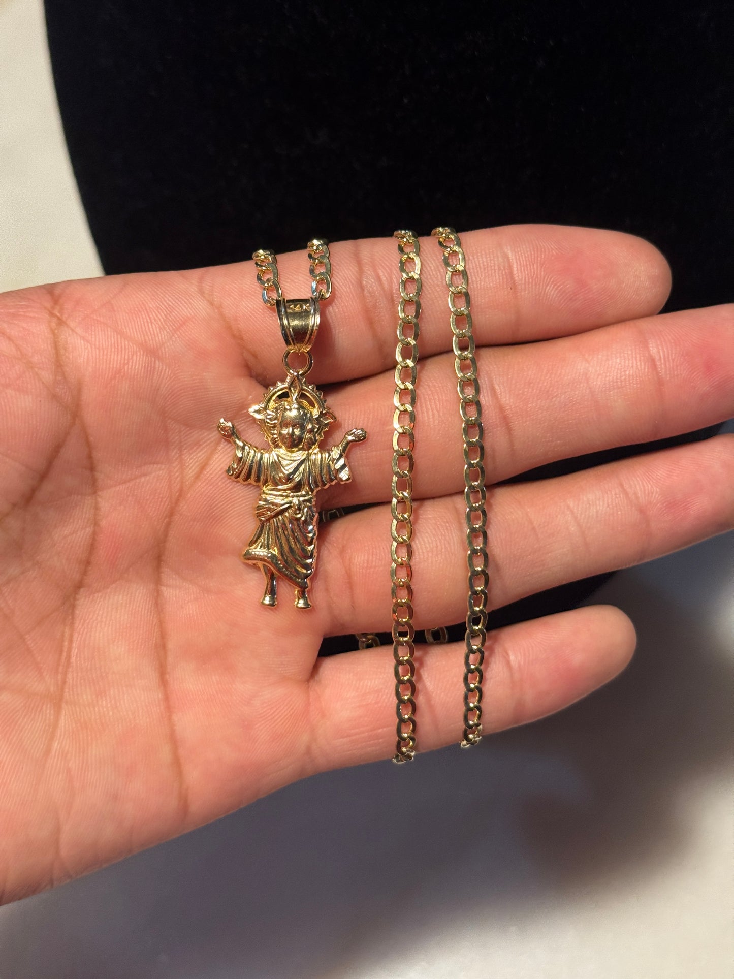 14K Gold Semi-Solid Curb Link chain with Divine Child Pendant- for Men