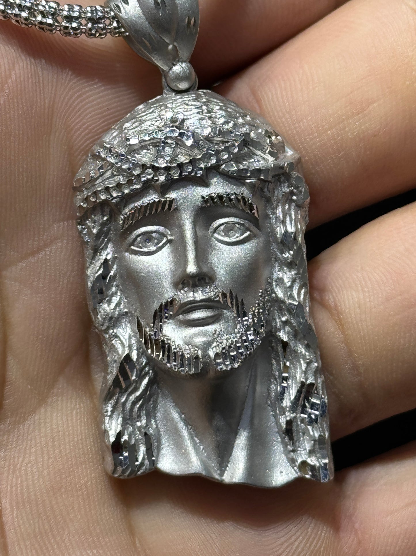 14K White Gold Moon Ice Chain – 20” with Jesus Face Pendant