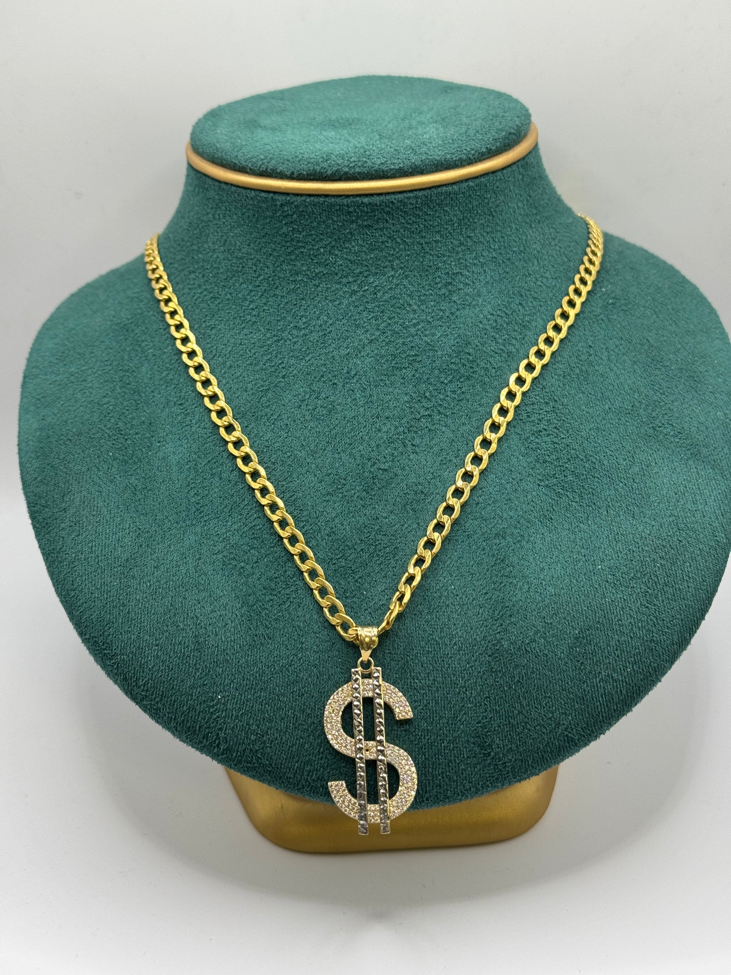 14K Gold Curb Link Necklace with Dollar Sign Pendant – 22” (5mm)