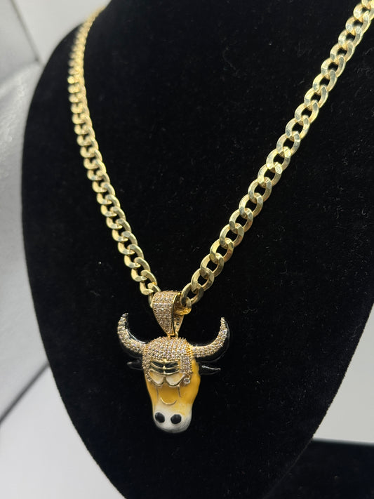 14K Gold Curb Link Chain – 6.6mm | 22” with Bull Head Pendant
