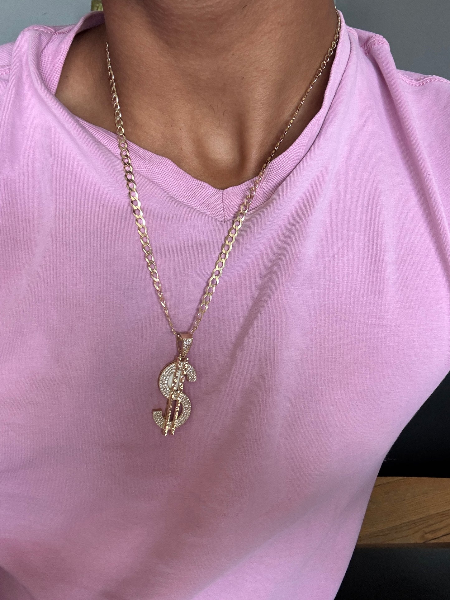 14K Gold Curb Link Chain with Dollar Sign Pendant –For men