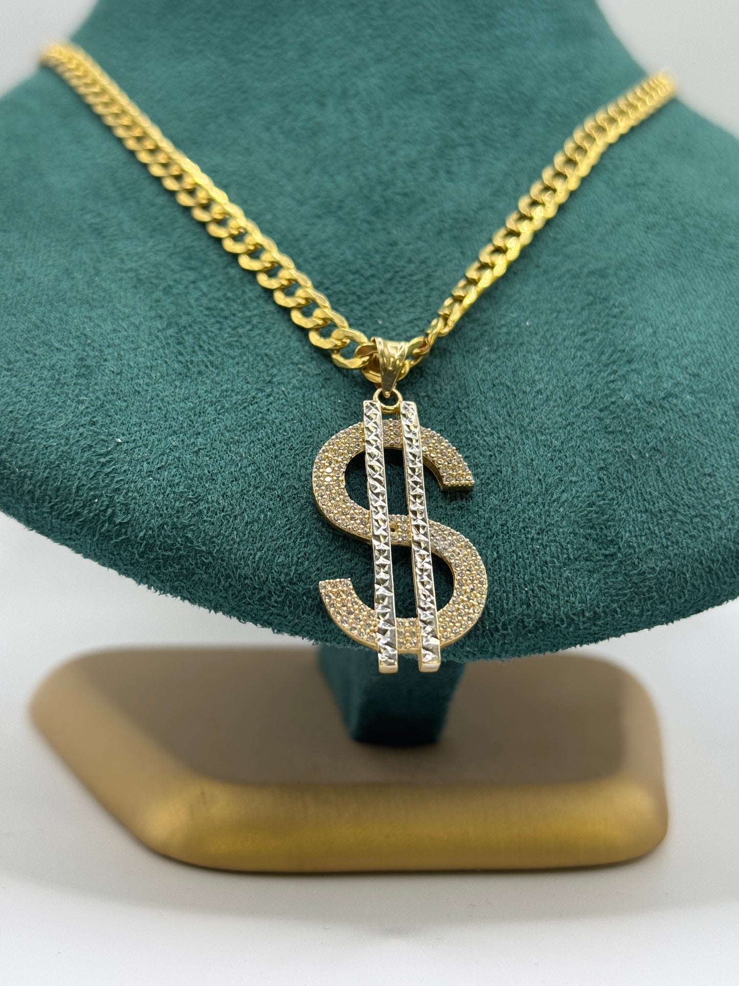 14K Gold Curb Link Necklace with Dollar Sign Pendant – 22” (5mm)