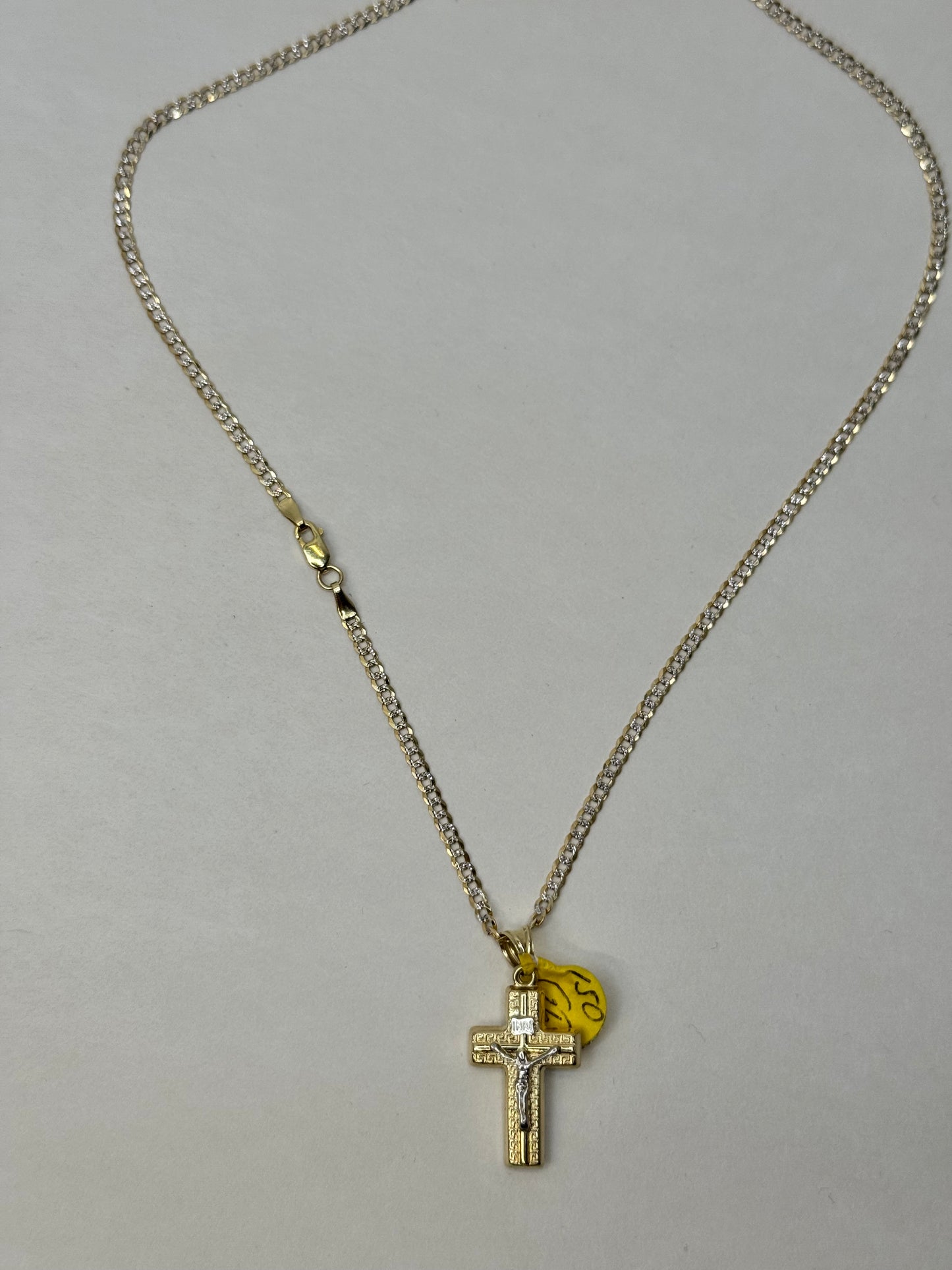 14k Gold 2 tone 16 inch curbed link chain with crucifix pendant