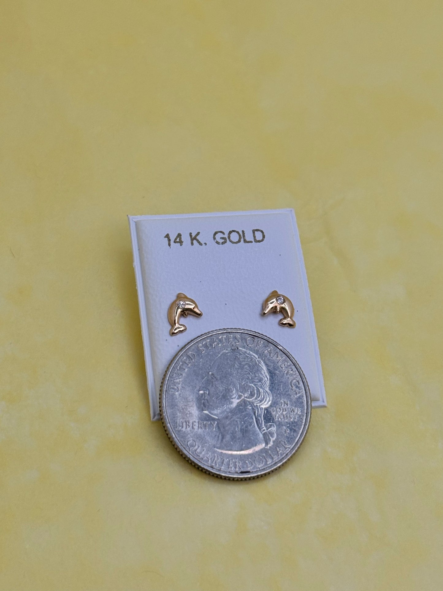 14k Gold Dolphin Stud earring with Cubic zirconia stone