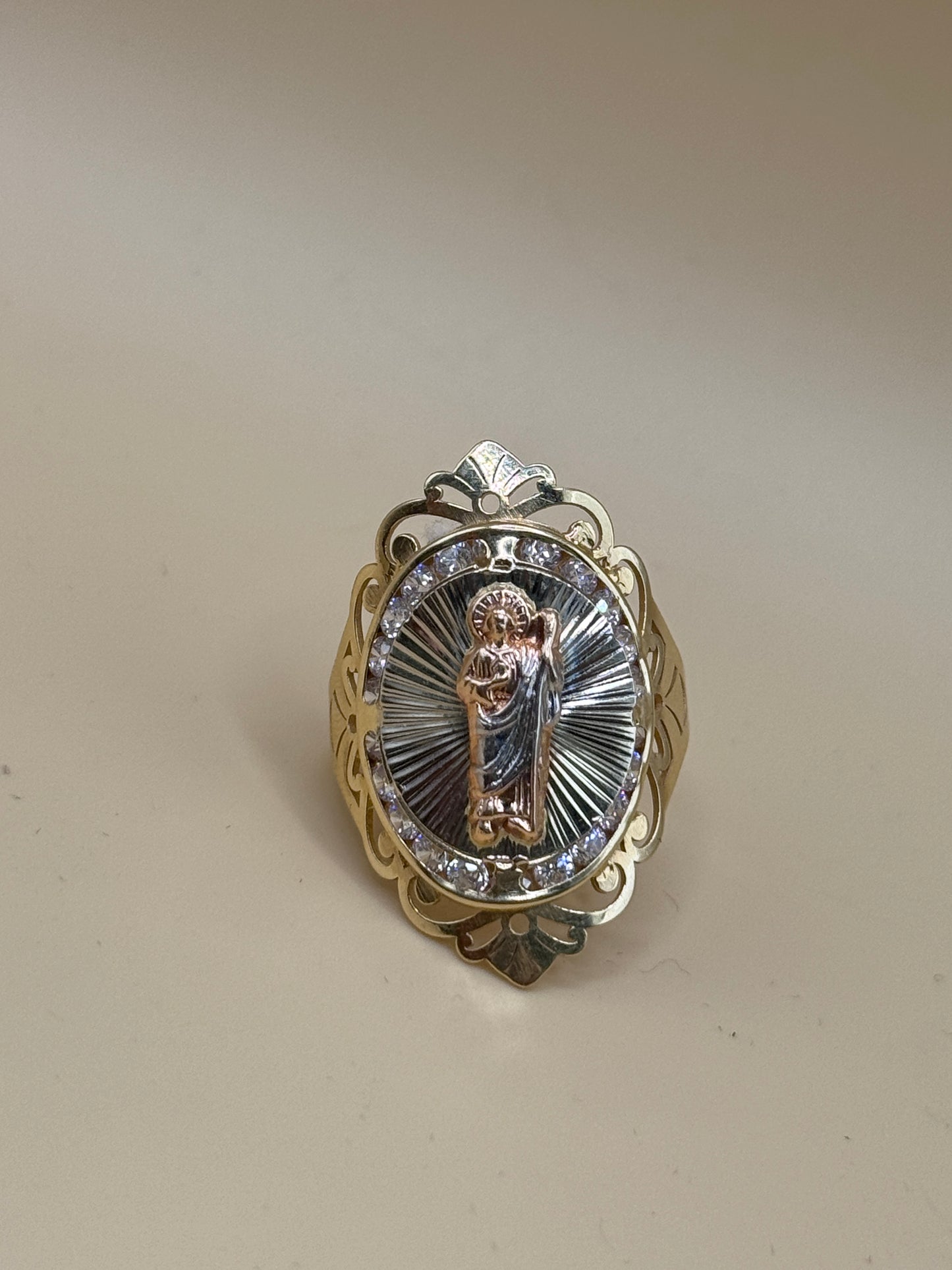 14K Tri Tone San Judas Ring with CZ Size 8.5 – Women’s Religious Ring, Real Gold Saint Jude Jewelry