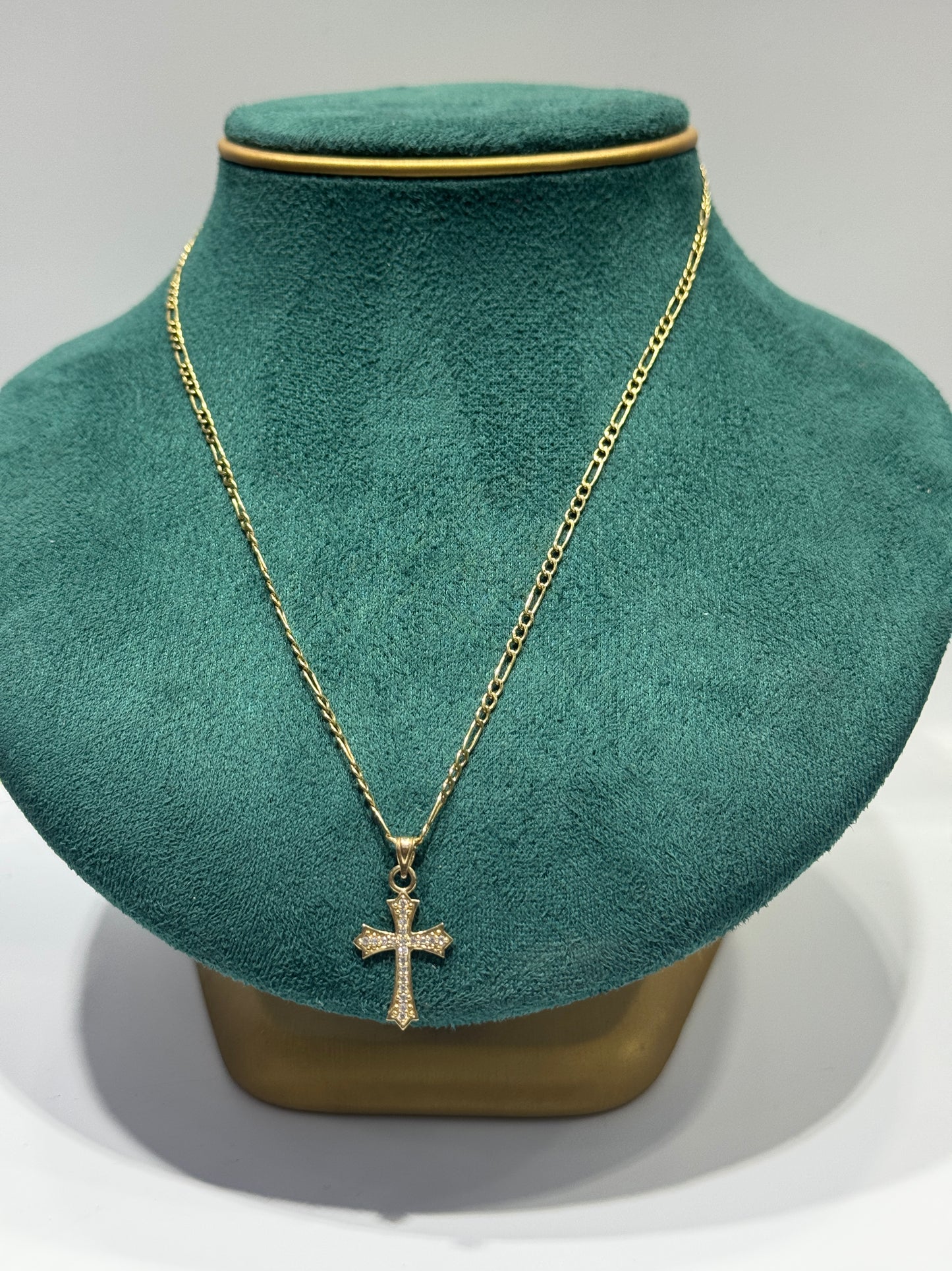 14k gold figaro necklace 18 inch long with cross ZC pendant unisex ￼