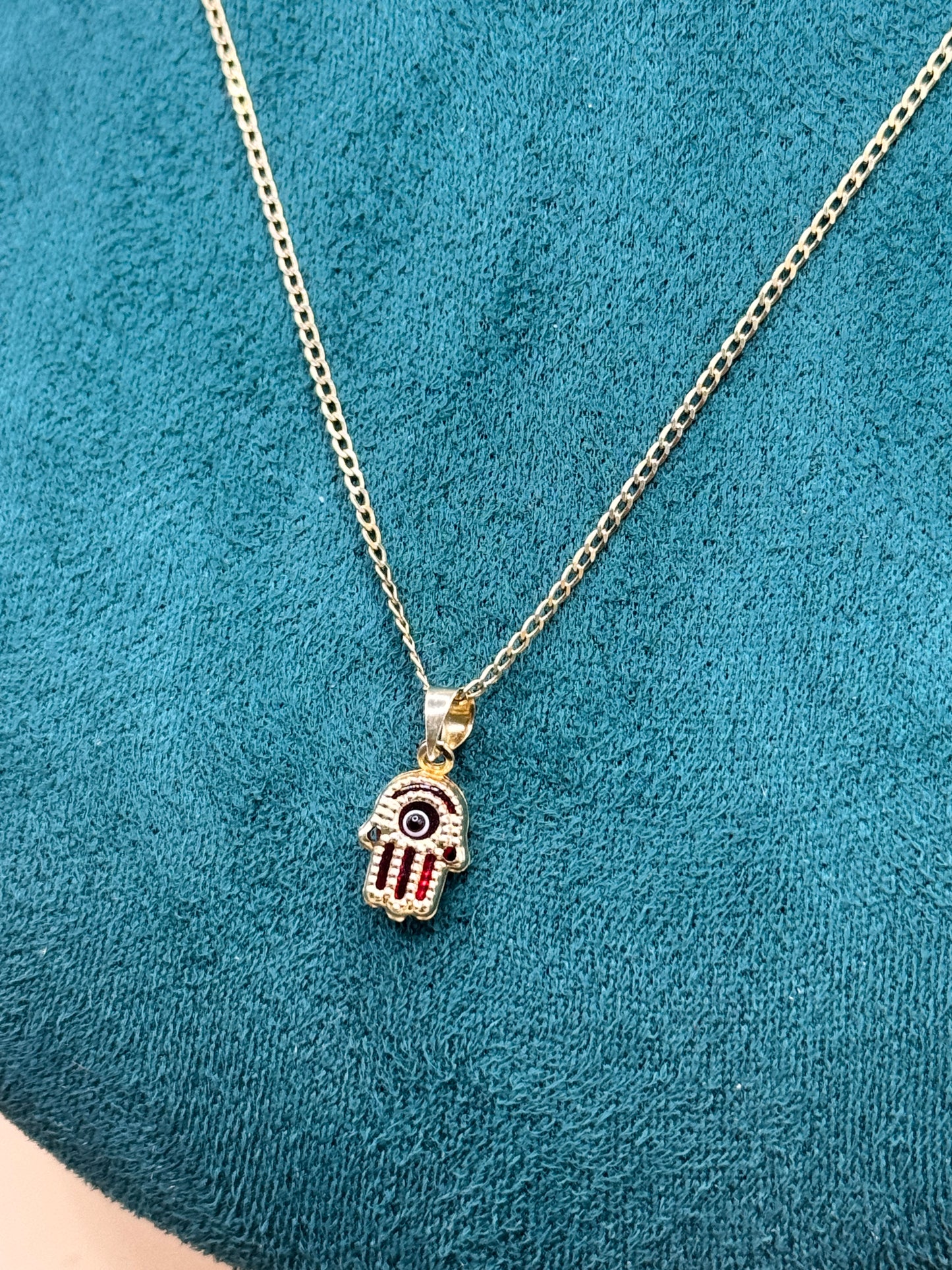 14K Gold Curb Link Necklace – 18” with Red Evil Eye Hamsa Pendant for women