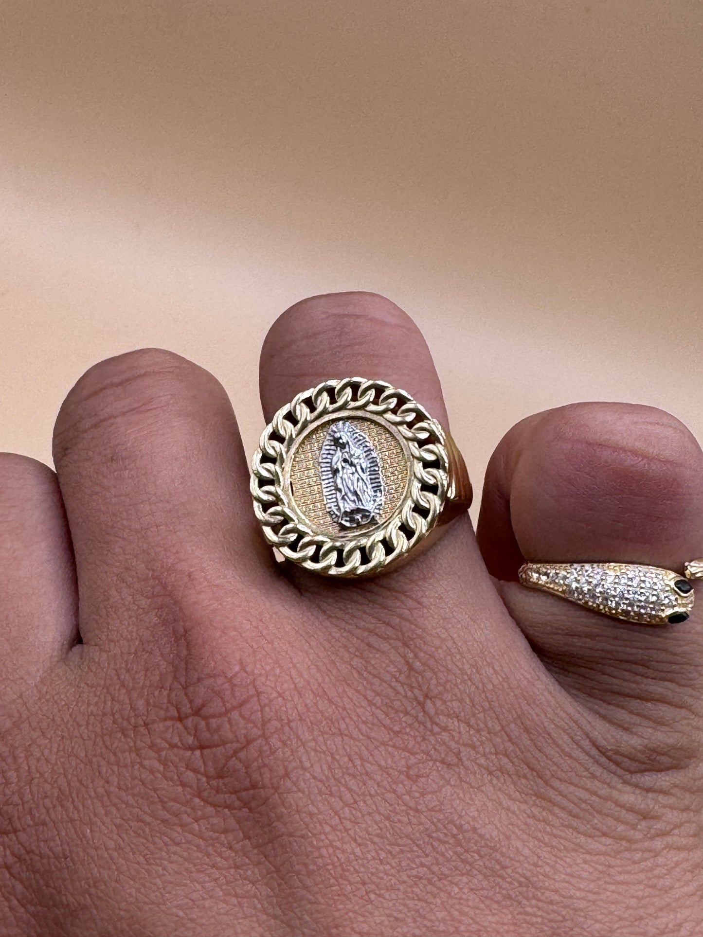 14K Two Tone Gold Virgin Mary Ring Size 10.5 – Unisex Religious Ring, Real Gold Faith Jewelry