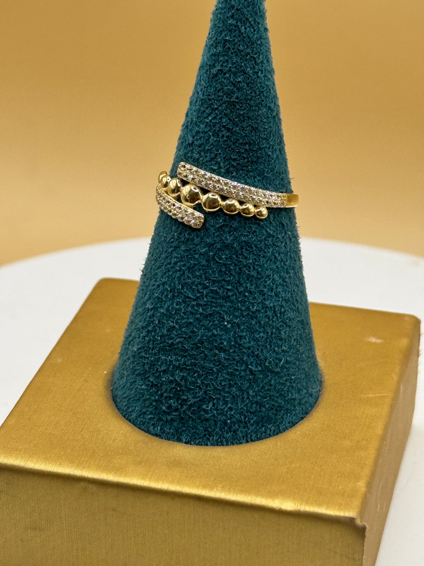 14K Gold Multi-Row CZ Ring Size 7 – Stacked Statement Ring for Women, Real Gold Cubic Zirconia Jewelry for women