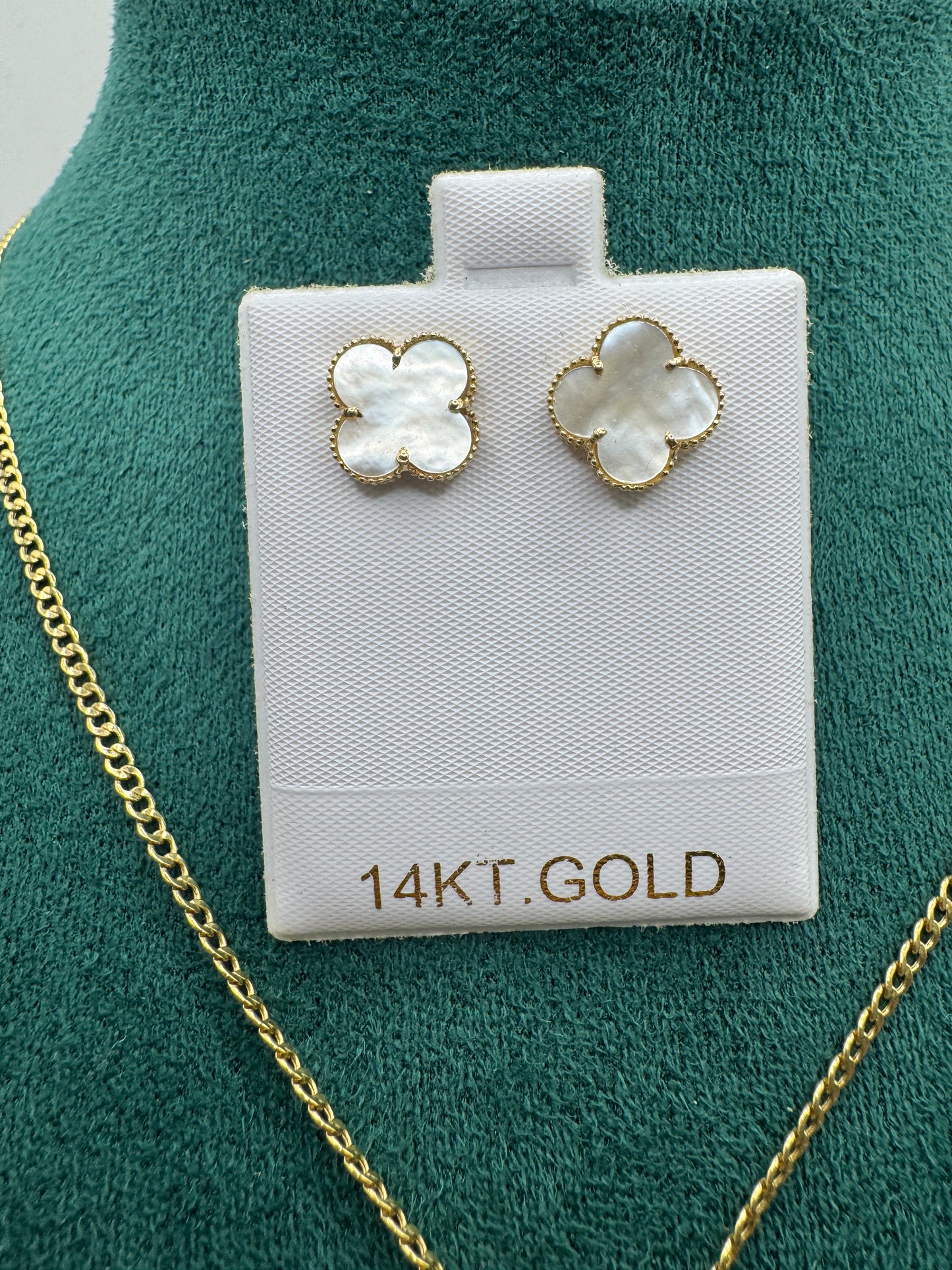 14K Gold Clover Bundle – 20” Curb Link Necklace for women with Clover Pendant & Clover Earrings