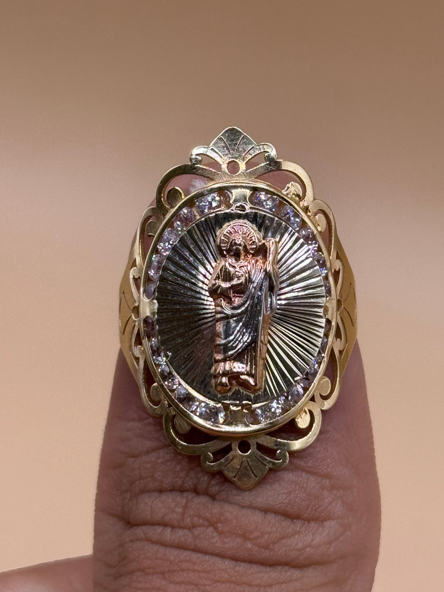 14K Tri Tone San Judas Ring with CZ Size 8.5 – Women’s Religious Ring, Real Gold Saint Jude Jewelry