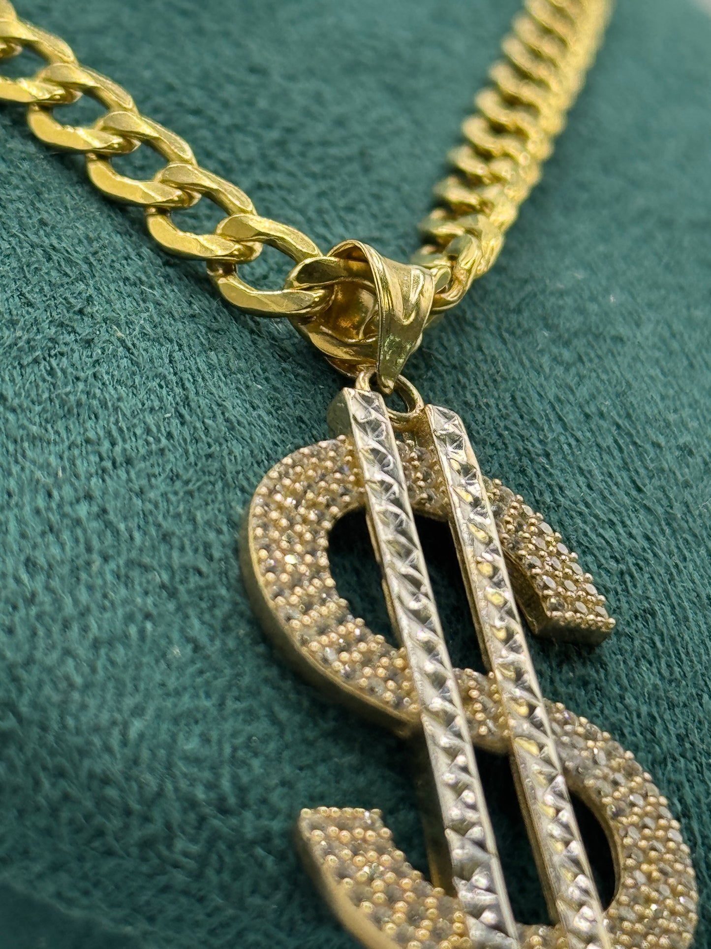 14K Gold Curb Link Necklace with Dollar Sign Pendant – 22” (5mm)