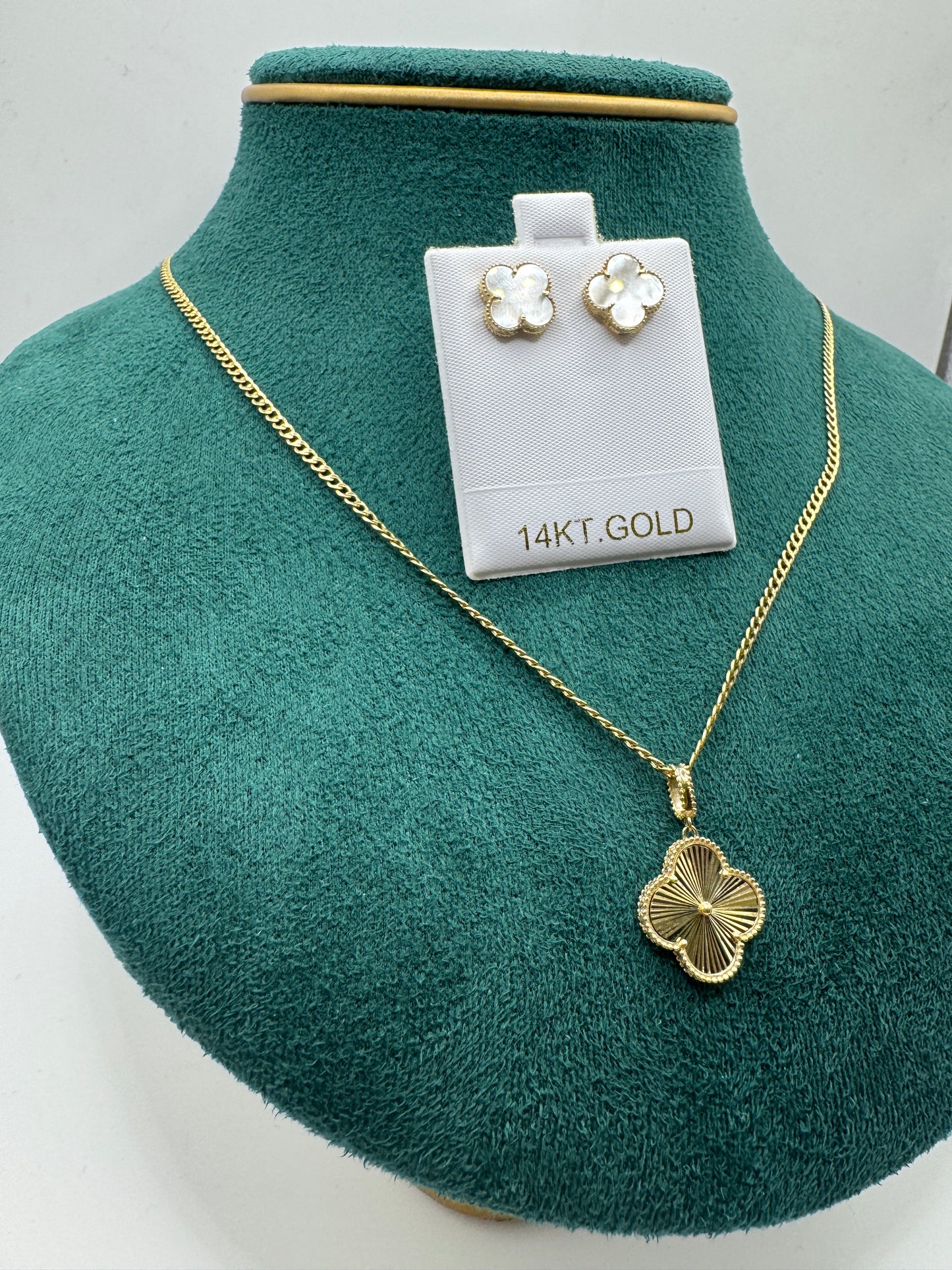 14K Gold Clover Bundle – 20” Curb Link Necklace for women with Clover Pendant & Clover Earrings
